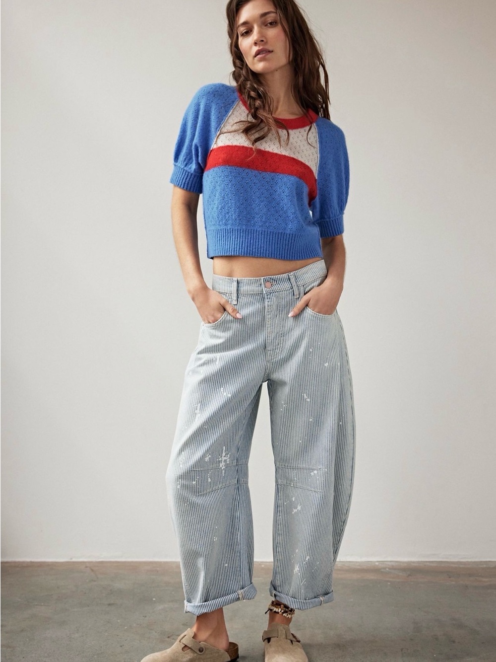 FP Blue Striped Painter-Style Wide Leg Jeans